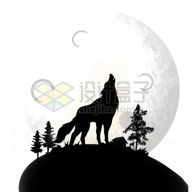 山顶对着月亮狼嚎的野狼剪影390500psd/png图片素材 生物自然-第1张