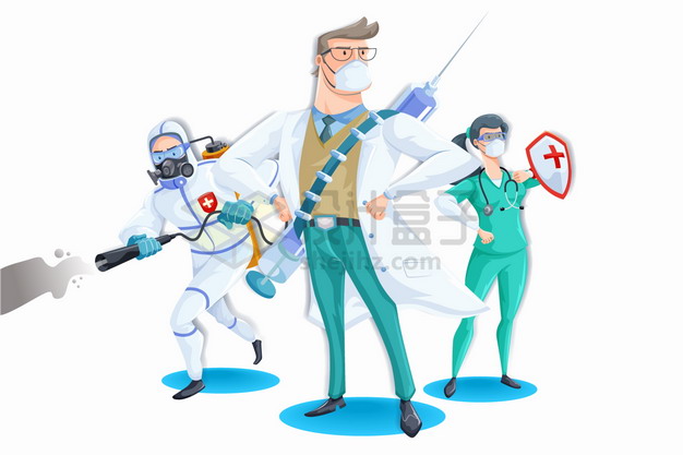 卡通医生化身超人背着针筒拿着消毒液杀灭新型冠状病毒png图片素材 人物素材-第1张