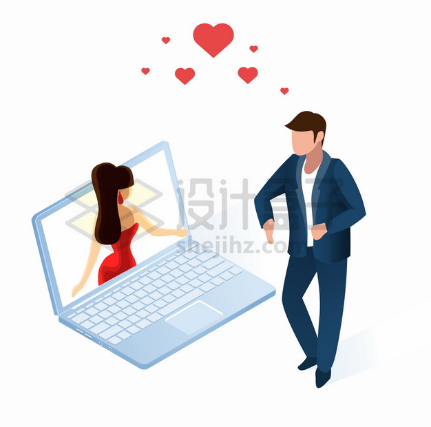 年轻男子和电脑上的女孩网络交友征婚网站扁平插画png图片素材 IT科技-第1张
