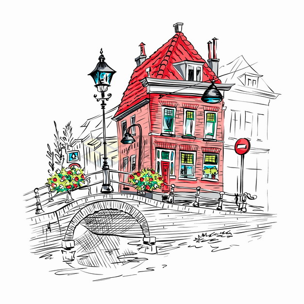 红房子和拱桥欧洲小镇城市风景水彩插画png图片素材 建筑装修-第1张