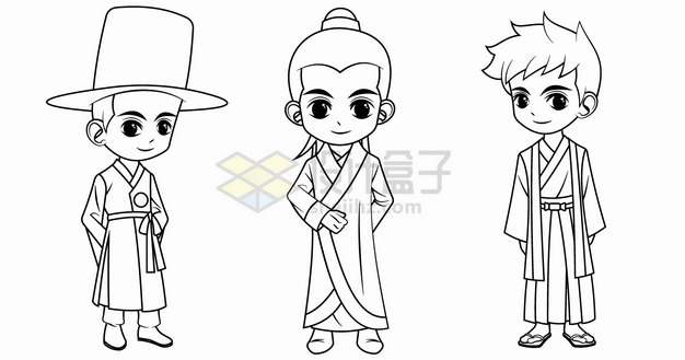 卡通男孩穿着韩国中国日本传统服装手绘线条插画png图片素材