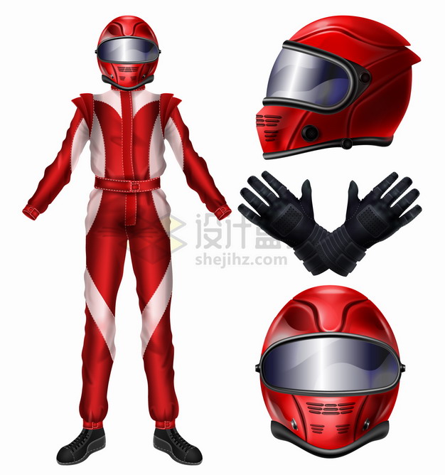 红色衣服的摩托车赛车手服装和头盔手套png图片素材 休闲娱乐-第1张