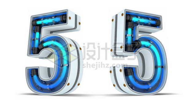 C4D风格蓝色霓虹灯管3D立体数字五5艺术字体505502psd/png图片素材 字体素材-第1张