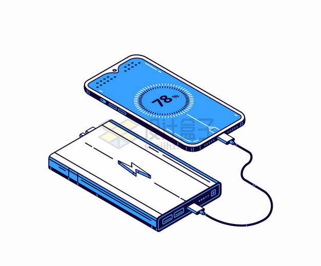 蓝色2.5D风格充电宝正在给手机充电png图片素材 IT科技-第1张