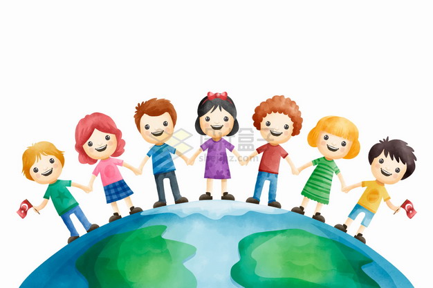 手牵手站在地球上的卡通儿童保护地球世界环境日彩绘插画png图片素材