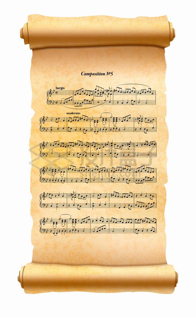 展开的复古羊皮纸草纸卷轴上的音乐乐谱png图片素材 教育文化-第1张