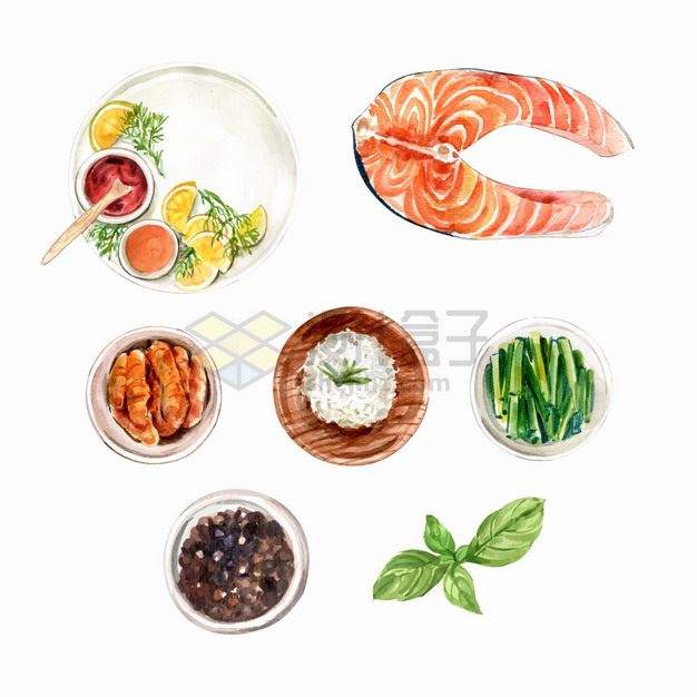 三文鱼肉生姜胡椒葱段等美味美食水彩插画png图片素材 生活素材-第1张