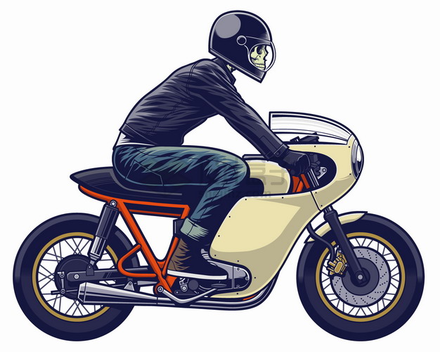 戴头盔的骷髅头骑手骑摩托车卡通漫画插画png图片素材 交通运输-第1张