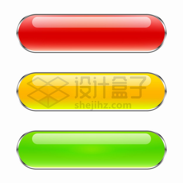 银灰色金属边框红色黄色绿色圆角水晶玻璃按钮png图片素材 按钮元素-第1张