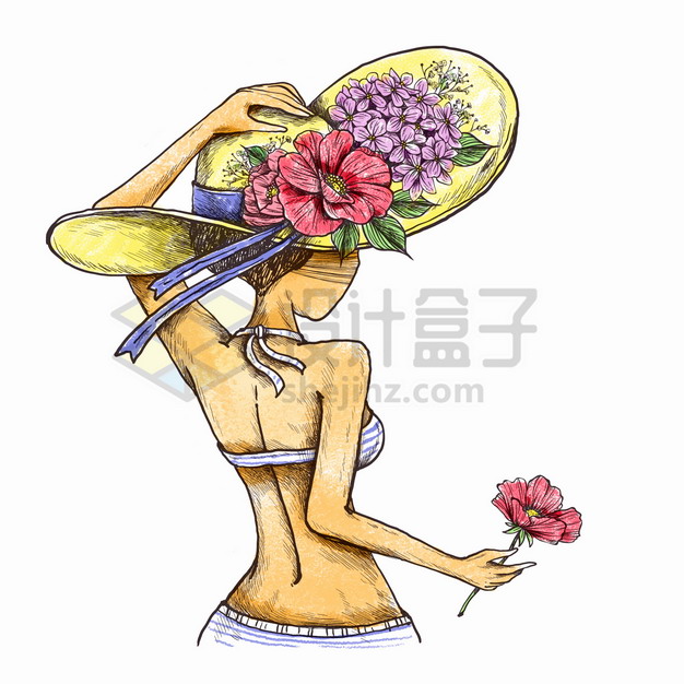 炎炎夏日夏天里戴着草帽拿着鲜花的窈窕淑女背影美女彩绘插画png图片素材 人物素材-第1张