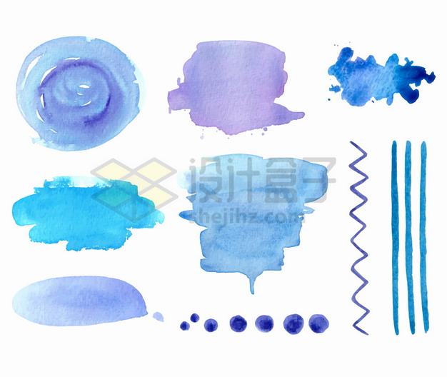 各种蓝色紫色污渍涂鸦线条水彩插画png图片素材 设计盒子