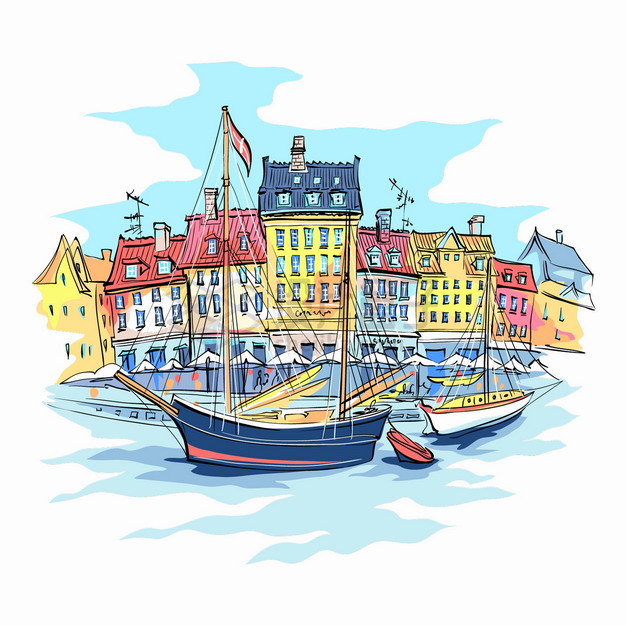 欧洲水城房子和帆船欧洲小镇城市风景水彩插画png图片素材 建筑装修-第1张