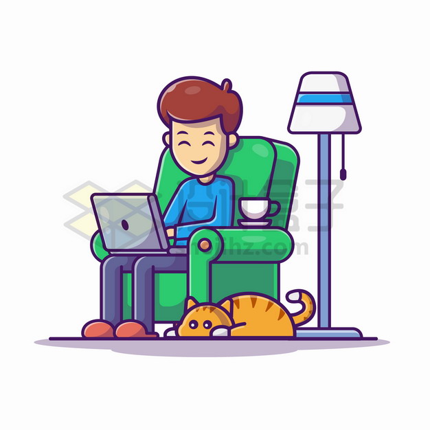 MBE风格坐在沙发上玩电脑的年轻人脚边趴着一只猫咪png图片素材 人物素材-第1张