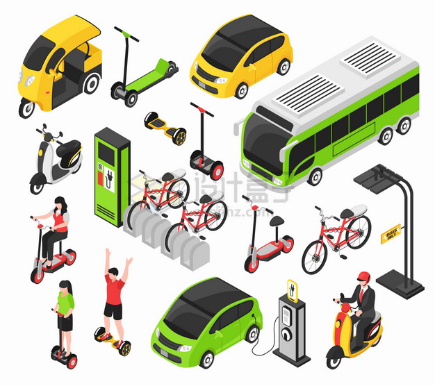 2.5D风格电动公交车出租车电动车平衡车共享单车自行车等绿色出行交通工具png图片素材 交通运输-第1张