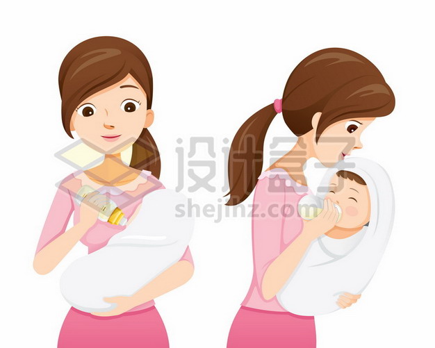 卡通年轻妈妈抱着宝宝喂奶喝775545png矢量图片素材 人物素材-第1张