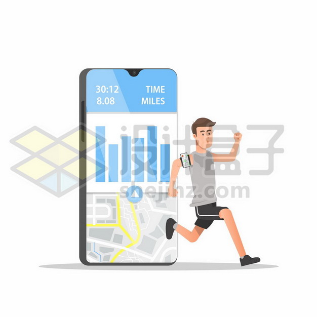 卡通男人用手机计步APP辅助跑步运动477732png矢量图片素材 IT科技-第1张