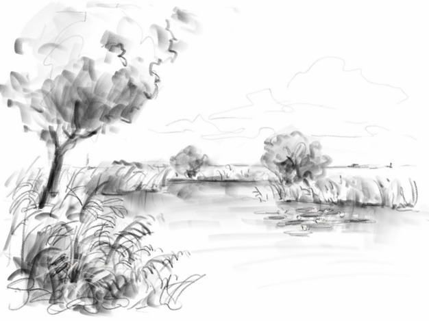 水墨画风格河流和河边的芦苇大树风景速写991025png免抠图片素材 插画-第1张