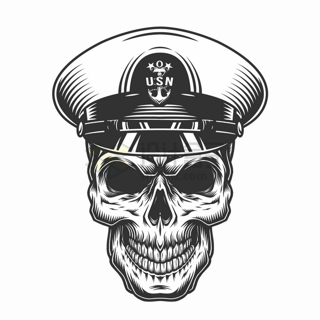 戴着海军军帽的骷髅头手绘插画png图片素材 健康医疗-第1张