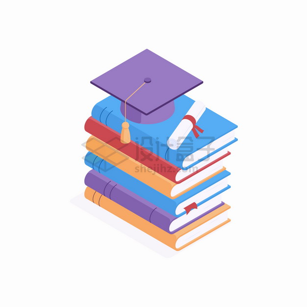 2.5D风格高高的书本堆上的博士帽学士帽和毕业证书png图片素材 教育文化-第1张