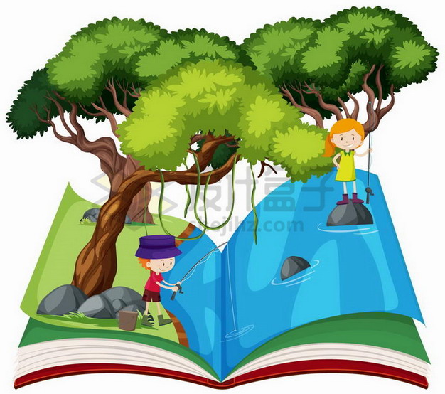 打开书本上在大树底下钓鱼的卡通小朋友846381png矢量图片素材 休闲娱乐-第1张