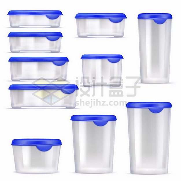 各种深蓝色盖子的塑料保鲜盒饭盒水杯收纳盒等501481png矢量图片素材 生活素材-第1张