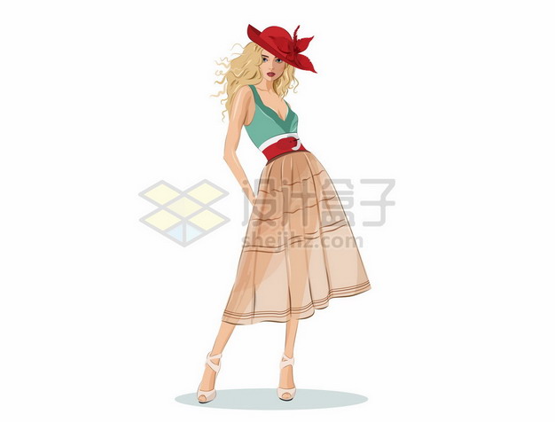 戴着红色帽子的裙子美女309203png矢量图片素材 人物素材-第1张