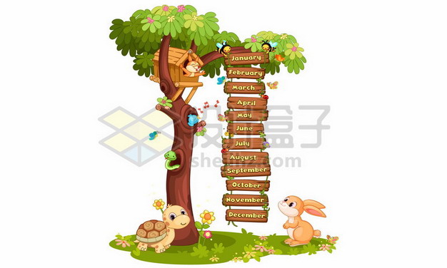 卡通乌龟兔子和大树上挂下来的木牌菜单618945png矢量图片素材 生物自然-第1张