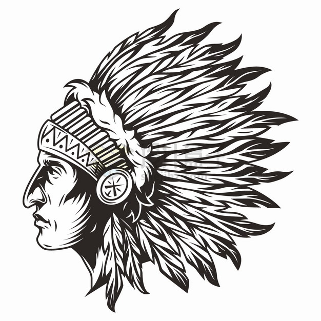印第安酋长画像头像侧视图黑色线条手绘插画png图片素材 人物素材-第1张