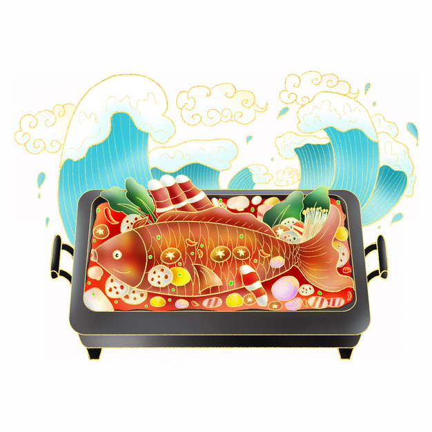 中国风海浪和烤鱼水煮鱼美食插画291452png图片免抠素材 生活素材-第1张