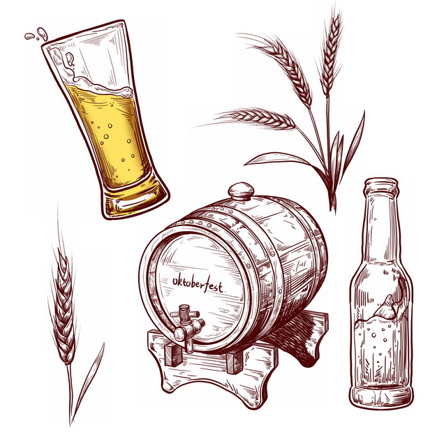 一杯啤酒和酒桶小麦穗手绘插画344876免抠图片素材 生活素材-第1张