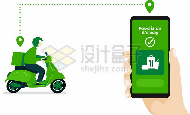 绿色手机上的外卖APP和骑电动车的送餐小哥133293矢量图片免抠素材 IT科技-第1张