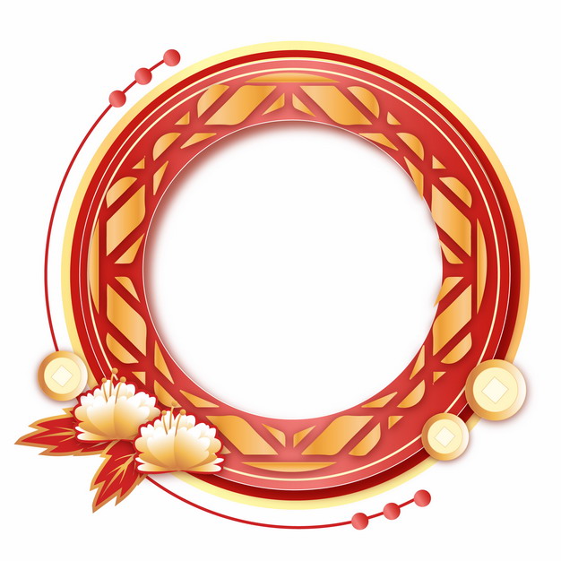 中国风红黄色新年春节圆形边框和荷花装饰628901图片免抠素材 节日素材-第1张