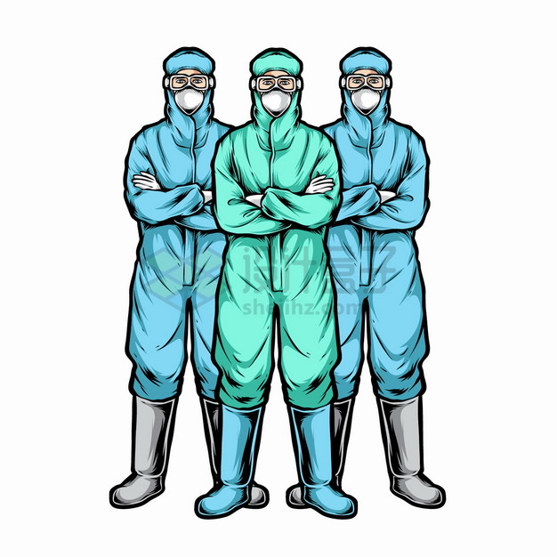 三个站立的身穿防护服的医护人员医生彩绘插画png图片素材