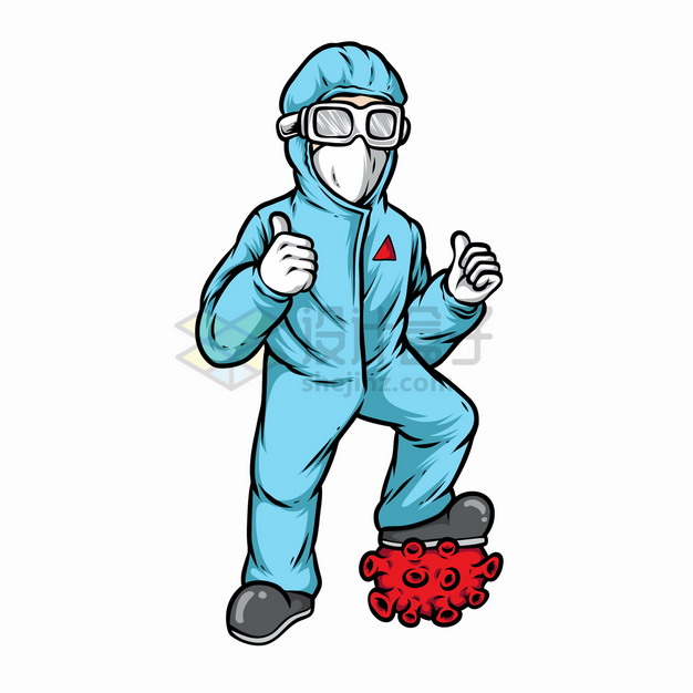 身穿防护服的医护人员医生将新型冠状病毒踩在脚下彩绘插画png图片