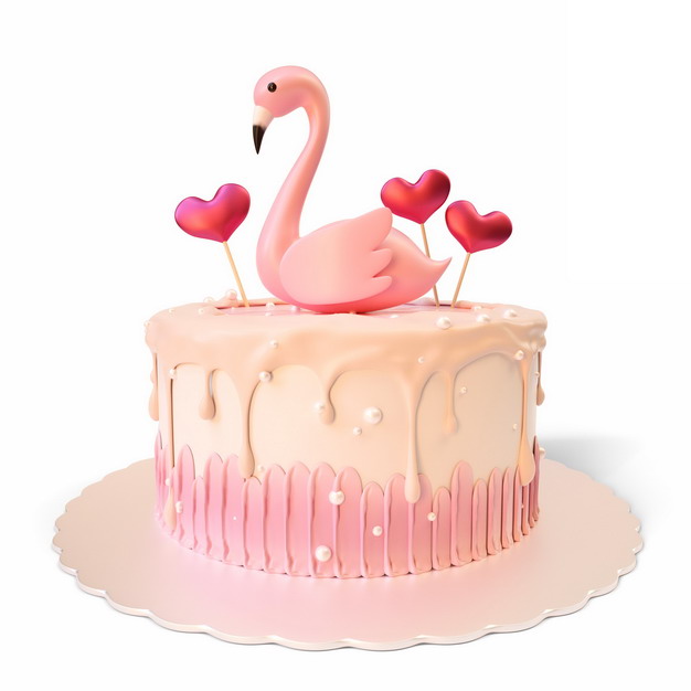 3d立体风格粉色蛋糕上的火烈鸟造型png图片素材 设计盒子