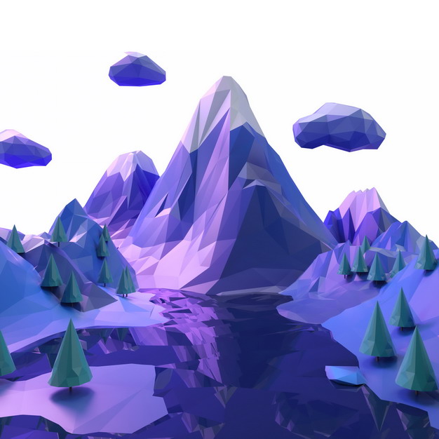3D立体低多边形风格紫色的雪山和山间的森林风景299170png图片免抠素材 生物自然-第1张