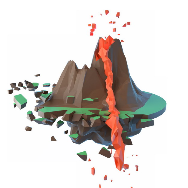 3D立体低多边形风格悬空岛上的火山喷发风景311174png图片免抠素材 生物自然-第1张