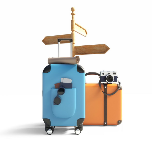 3D立体风格木制指路牌和蓝色橙色行李箱等全球旅行169820png图片素材 休闲娱乐-第1张
