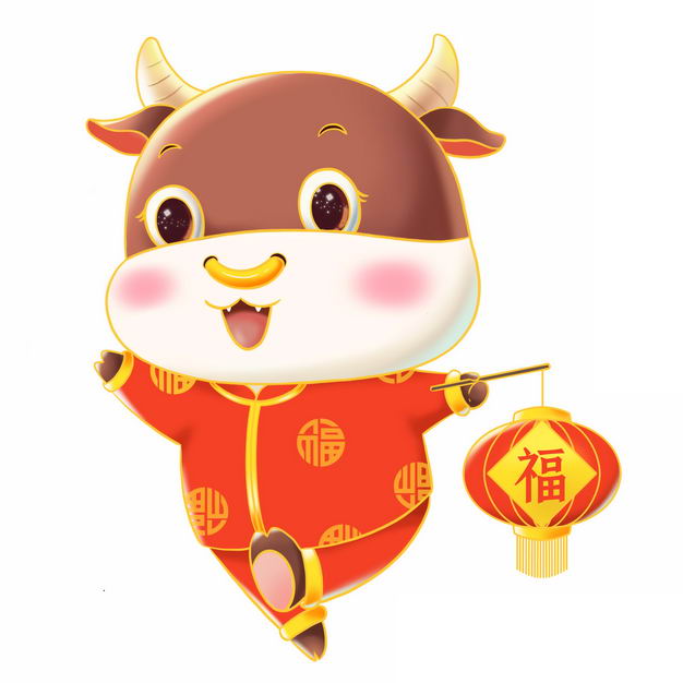 牛年新年春节可爱的卡通小牛身穿传统服饰打着福字灯笼8057281psd图片