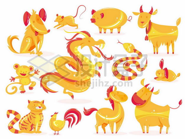 黄色和红色手绘卡通风格中国传统十二生肖7539240png图片免抠素材 节日素材-第1张