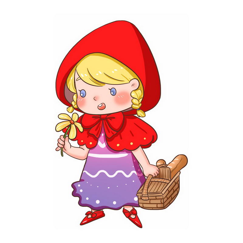 一手提着篮子一手拿着花朵的小红帽卡通小女孩童话人物插画82542146