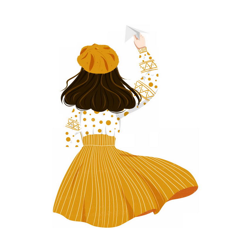 身穿黄色斑点衣服和黄色裙子的女孩扔纸飞机背影手绘插画8529926PSD图片免抠素材 人物素材-第1张