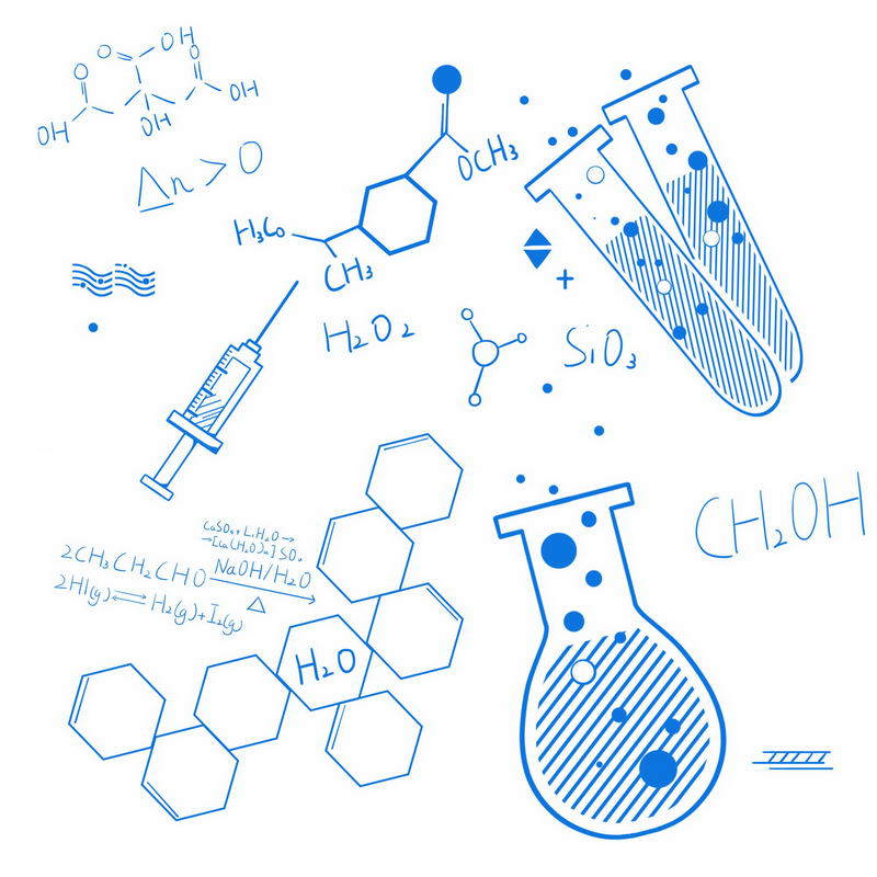 蓝色手绘涂鸦风格化学方程式和试管烧瓶等化学实验插画8449199psd图片