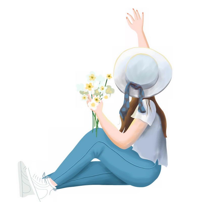 戴着遮阳帽手拿鲜花的蓝色牛仔裤女孩坐在地上挥手抚摸背影手绘插画3780718PSD图片免抠素材 人物素材-第1张