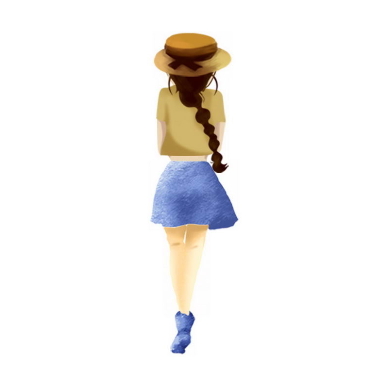 戴着草帽的长辫子女孩背影手绘插画3165932PSD图片免抠素材 人物素材-第1张