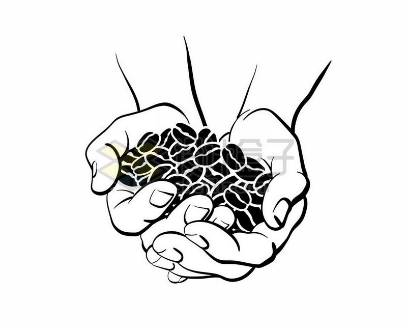 双手捧起的咖啡豆黑白插画7297552矢量图片免抠素材 生活素材-第1张