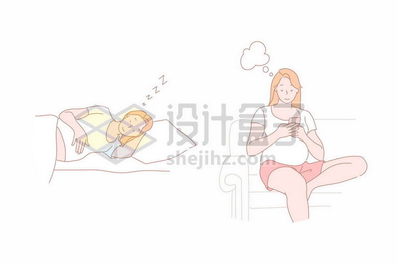卡通孕妇抱着怀孕的肚子侧躺着睡觉和坐沙发上玩手机手绘插画6560985矢量图片免抠素材 人物素材-第1张