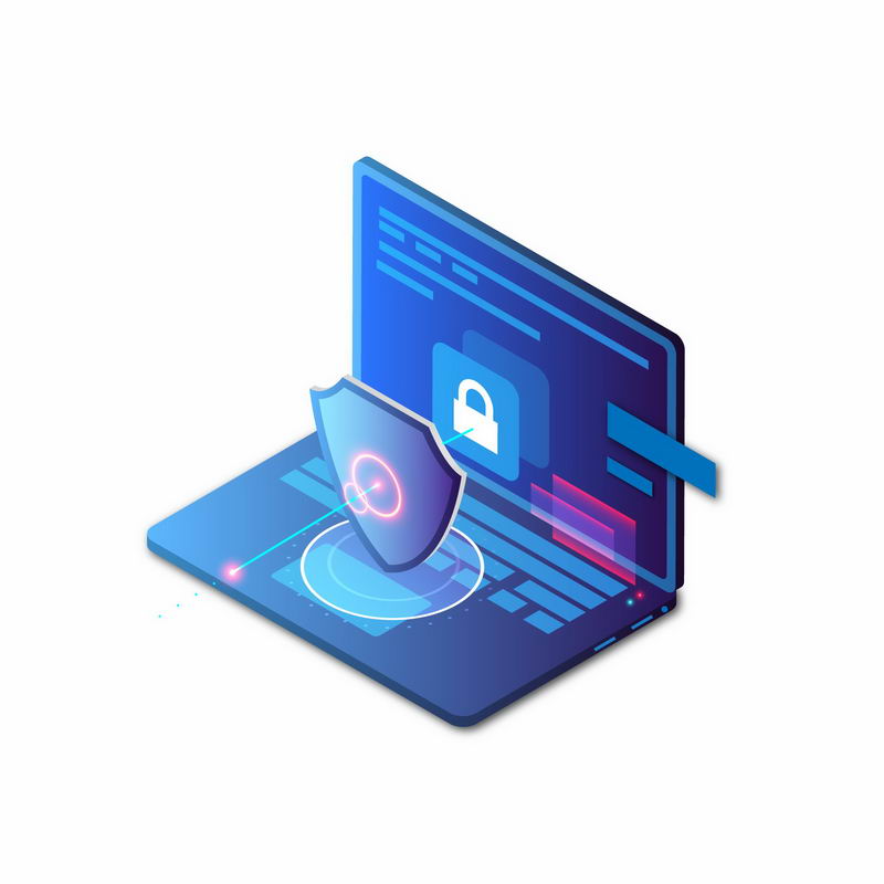蓝色笔记本电脑上的盾牌和发光光圈象征了手机安全信息安全9402838矢量图片免抠素材 IT科技-第1张