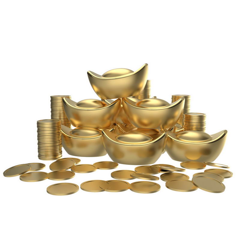 3D立体黄金元宝和金币大量的金子7334655png图片免抠素材 金融理财-第1张