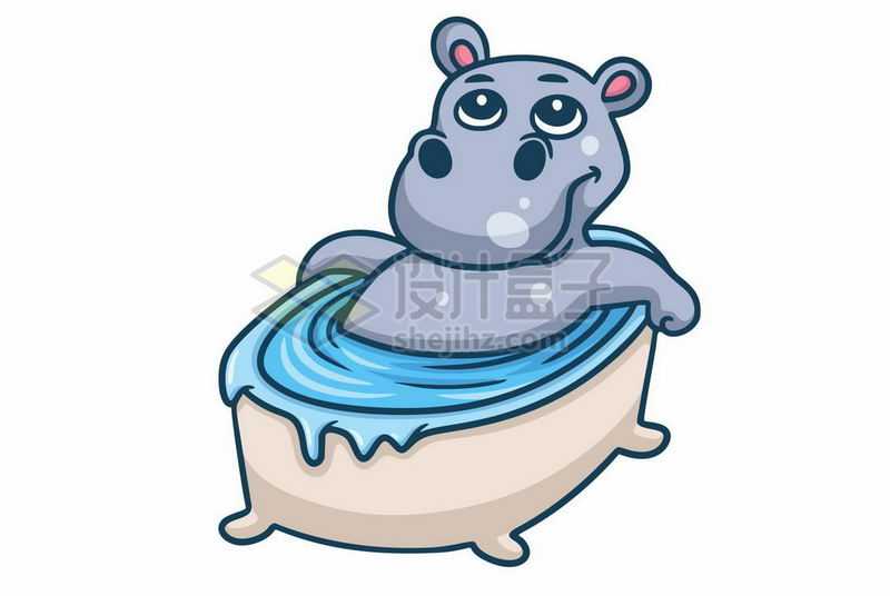 可爱卡通河马坐在浴缸中洗澡9257218矢量图片免抠素材